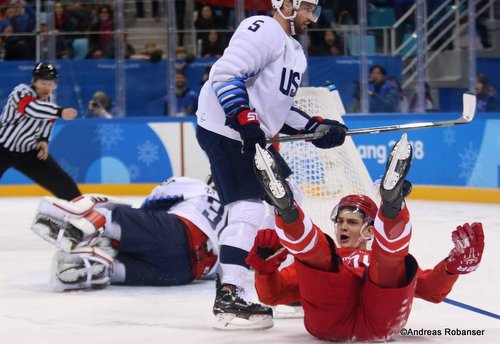 Olympic Winter Games Pyeongchang 2018 Men's: OA RUS - USA Nikolai Prokhorkin  #74, Ryan Zapolski  #30, Noah Welch #5 Gangneung Hockey Centre ©Andreas Robanser